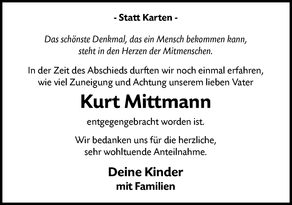  Traueranzeige für Kurt Mittmann vom 15.11.2025 aus AZ