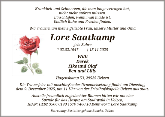 Traueranzeige von Lore Saatkamp von AZ
