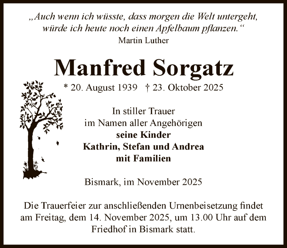  Traueranzeige für Manfred Sorgatz vom 07.11.2025 aus AMZ