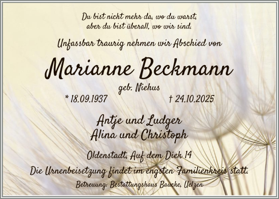 Traueranzeige von Marianne Beckmann von AZ