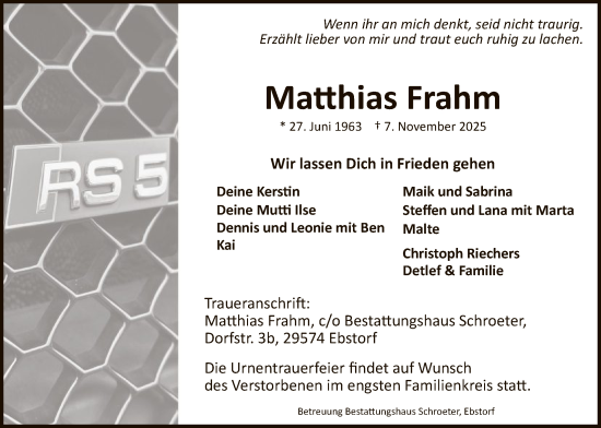 Traueranzeige von Matthias Frahm von AZ