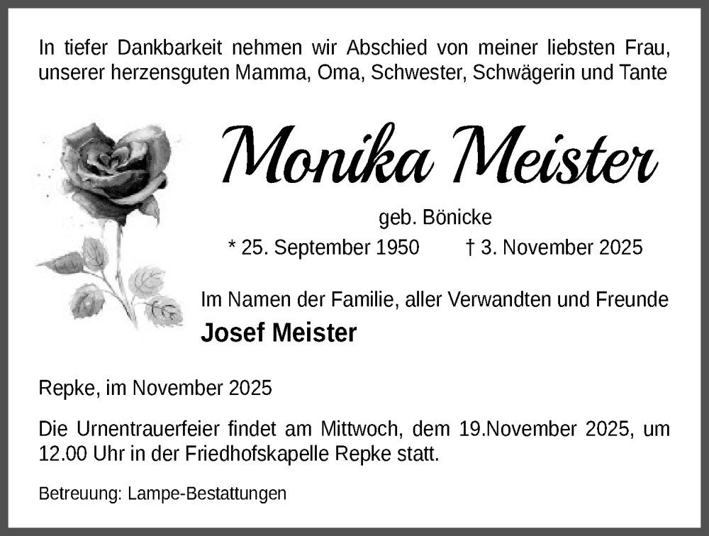  Traueranzeige für Monika Meister vom 14.11.2025 aus IK