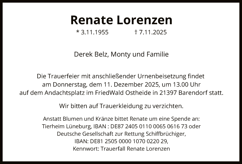  Traueranzeige für Renate Lorenzen vom 22.11.2025 aus AZ