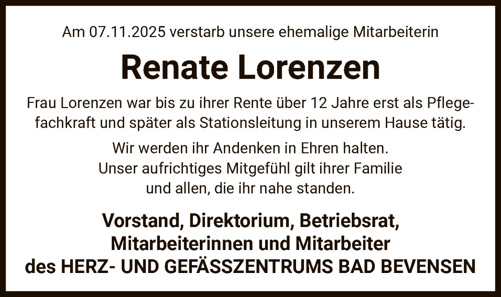  Traueranzeige für Renate Lorenzen vom 22.11.2025 aus AZ