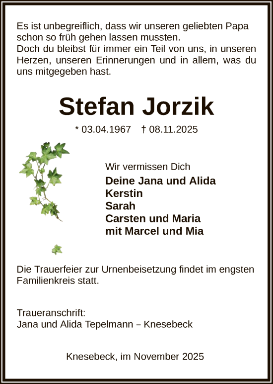 Traueranzeige von Stefan Jorzik von IK
