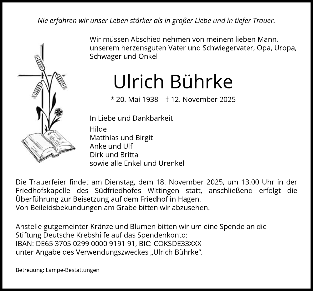  Traueranzeige für Ulrich Bührke vom 15.11.2025 aus IK