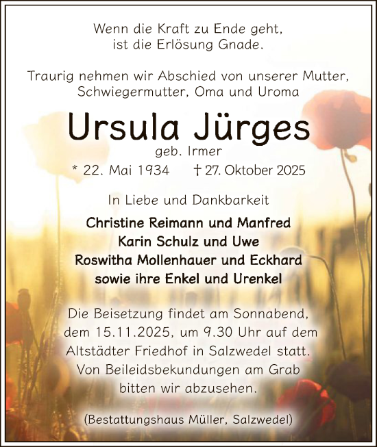 Traueranzeige von Ursula Jürges von AMZ