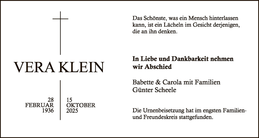  Traueranzeige für Vera Klein vom 22.11.2025 aus AZ
