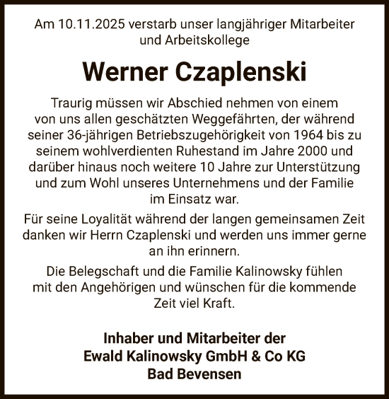 Traueranzeige von Werner Czaplenski von AZ