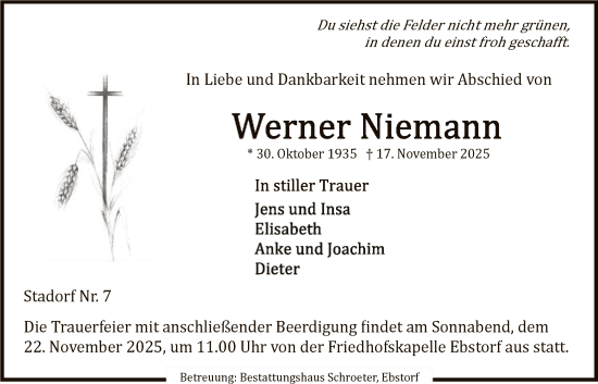 Traueranzeige von Werner Niemann von AZ