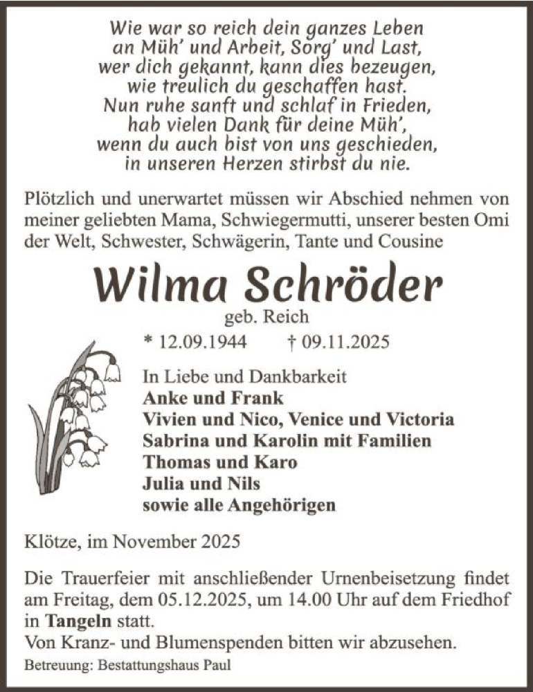  Traueranzeige für Wilma Schröder vom 15.11.2025 aus AMZ