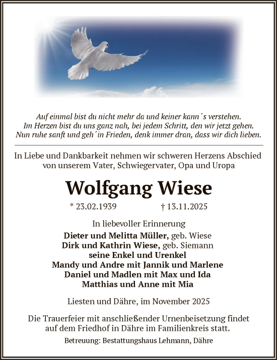 Traueranzeige von Wolfgang Wiese von AMZ