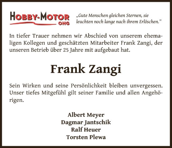 Traueranzeige von Frank Zangi von AZ