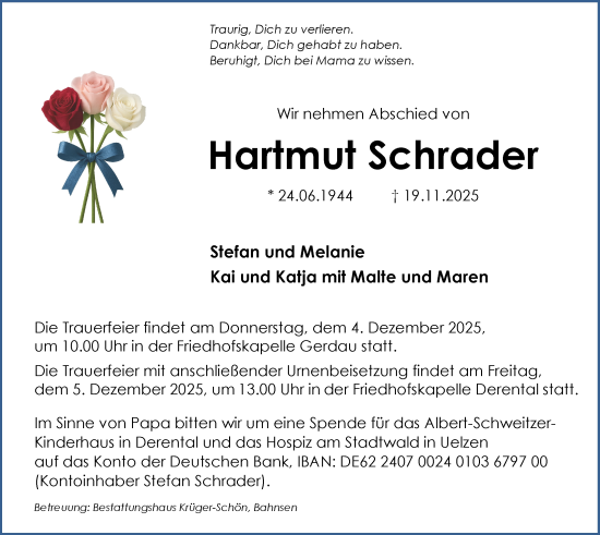 Traueranzeige von Hartmut Schrader von AMZ