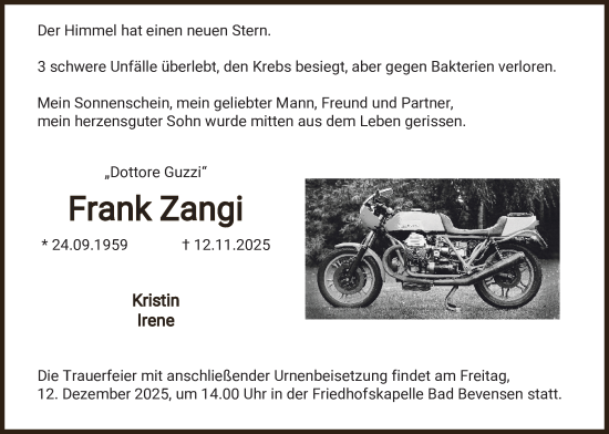 Traueranzeige von Frank Zangi von AZ