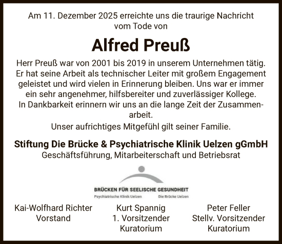Traueranzeige von Alfred Preuß von AZ