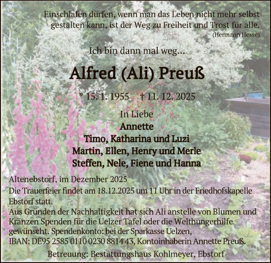 Traueranzeige von Alfred Preuß von AZ