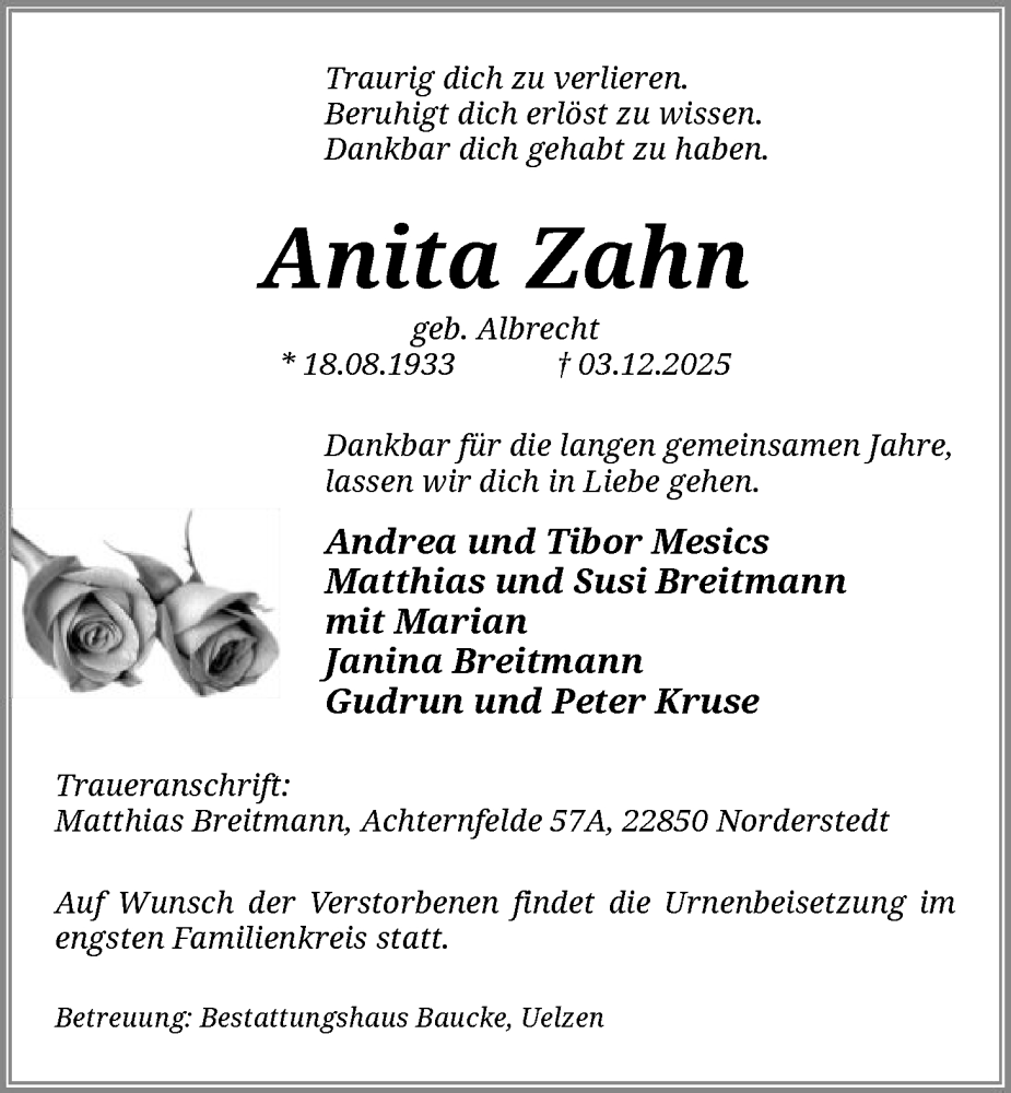 Traueranzeige für Anita Zahn vom 13.12.2025 aus AZ