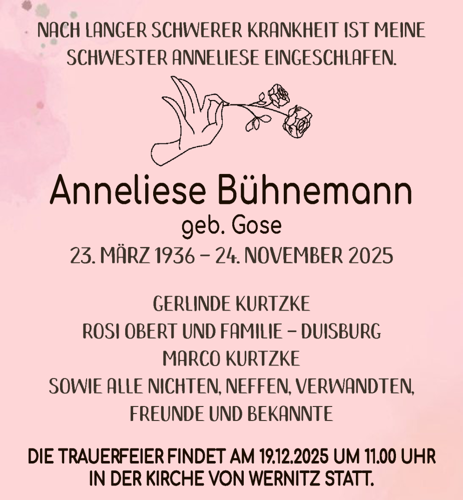  Traueranzeige für Anneliese Bühnemann vom 06.12.2025 aus AMZ