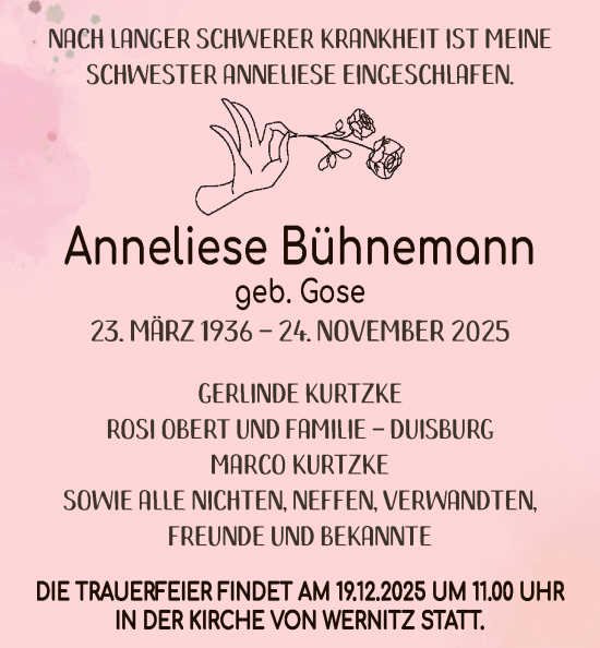 Traueranzeige von Anneliese Bühnemann von AMZ
