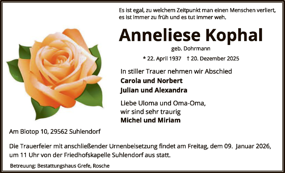  Traueranzeige für Anneliese Kophal vom 27.12.2025 aus AZ