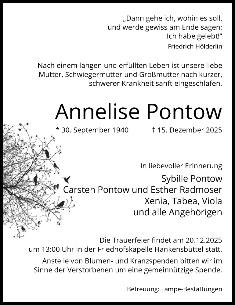  Traueranzeige für Annelise Pontow vom 18.12.2025 aus IK