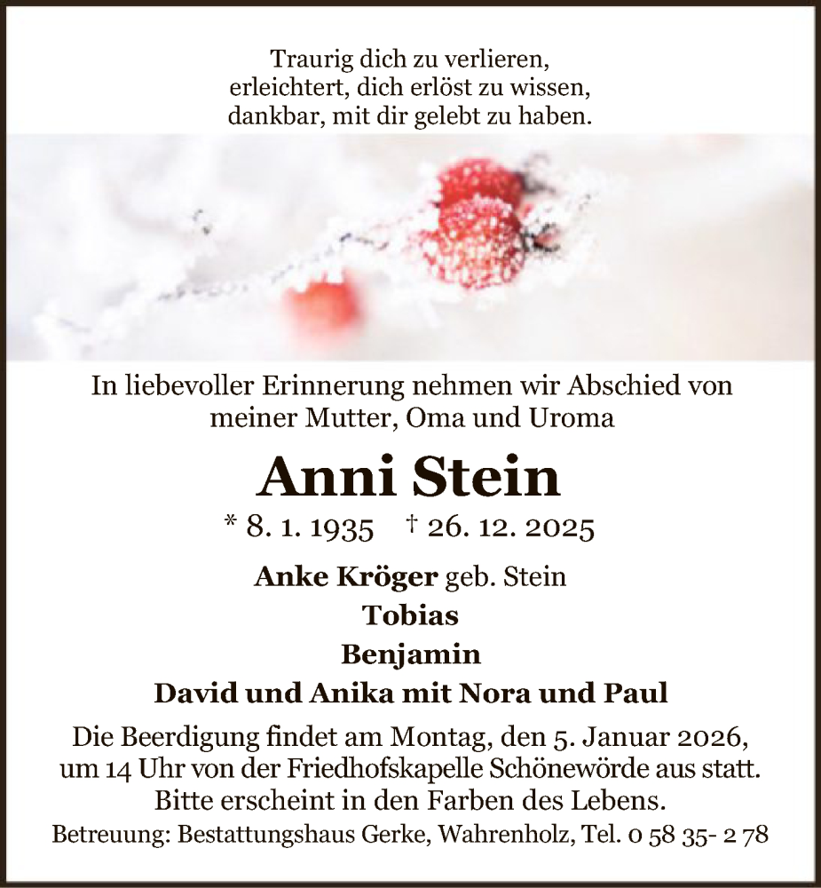  Traueranzeige für Anni Stein vom 31.12.2025 aus IK