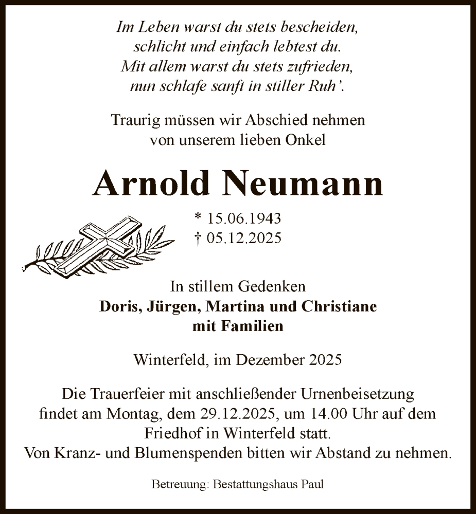  Traueranzeige für Arnold Neumann vom 13.12.2025 aus AMZ