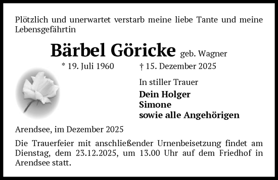 Traueranzeige von Bärbel Göricke von AMZ