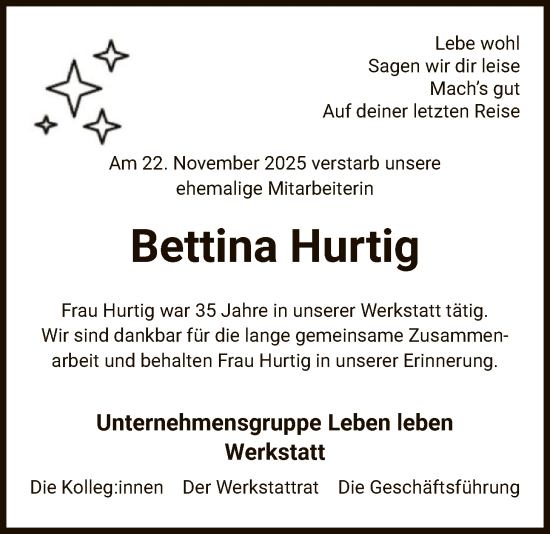 Traueranzeige von Bettina Hurtig von AZ