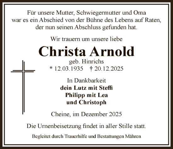 Traueranzeige von Christa Arnold von AMZ