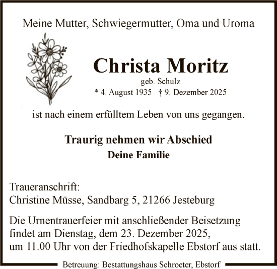 Traueranzeige von Christa Moritz von AZ