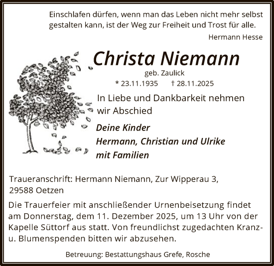 Traueranzeige von Christa Niemann von AZ