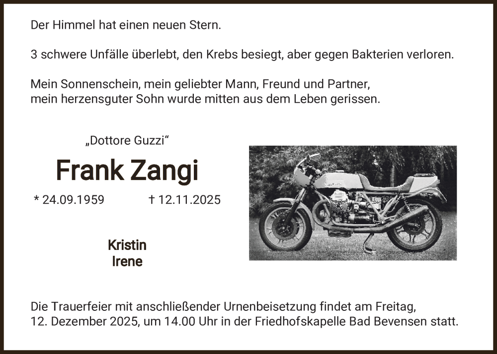  Traueranzeige für Frank Zangi vom 29.11.2025 aus AZ