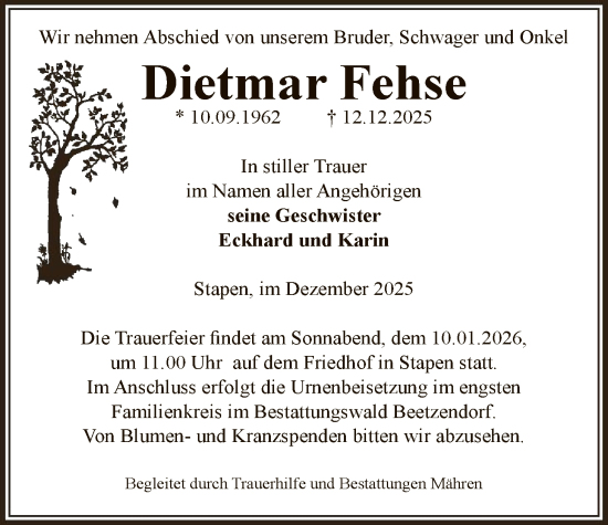 Traueranzeige von Dietmar Fehse von AMZ