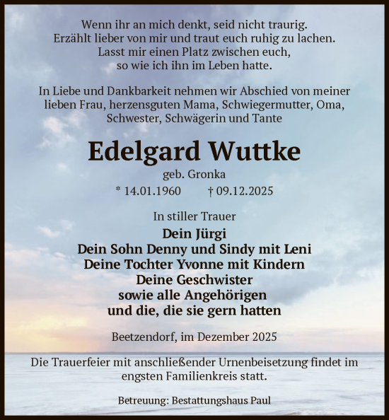 Traueranzeige von Edelgard Wuttke von AMZ