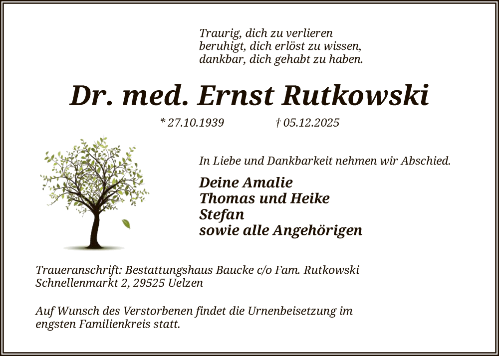  Traueranzeige für Ernst Rutkowski vom 20.12.2025 aus AZ