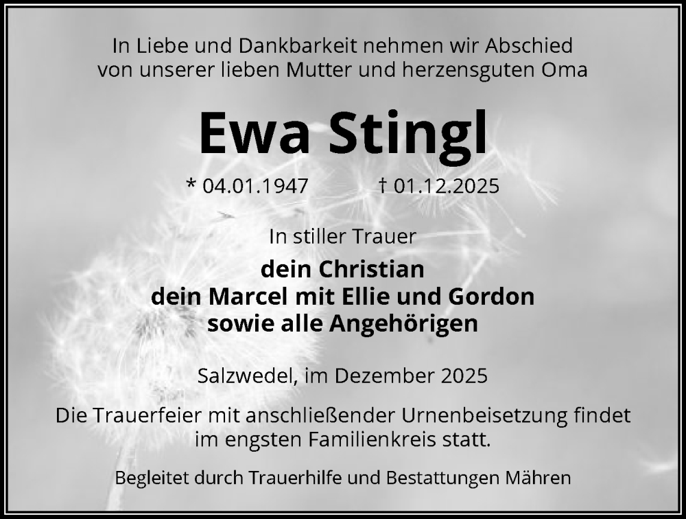  Traueranzeige für Ewa Stingl vom 06.12.2025 aus AMZ