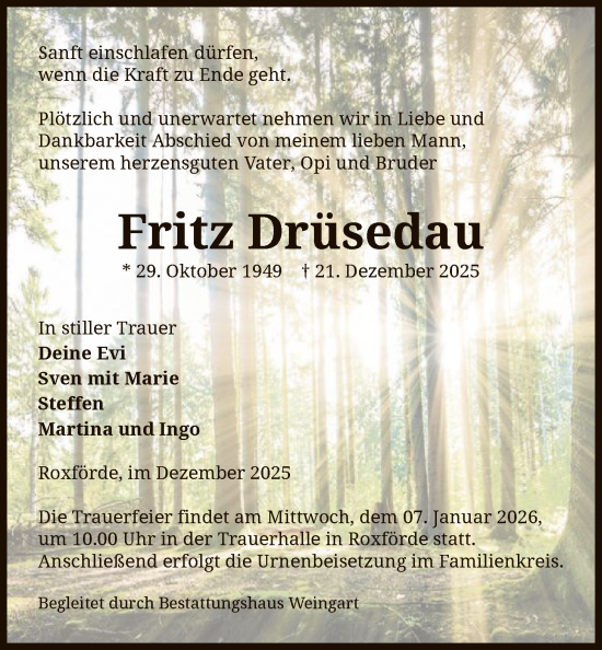 Traueranzeige von Fritz Drüsedau von AMZ