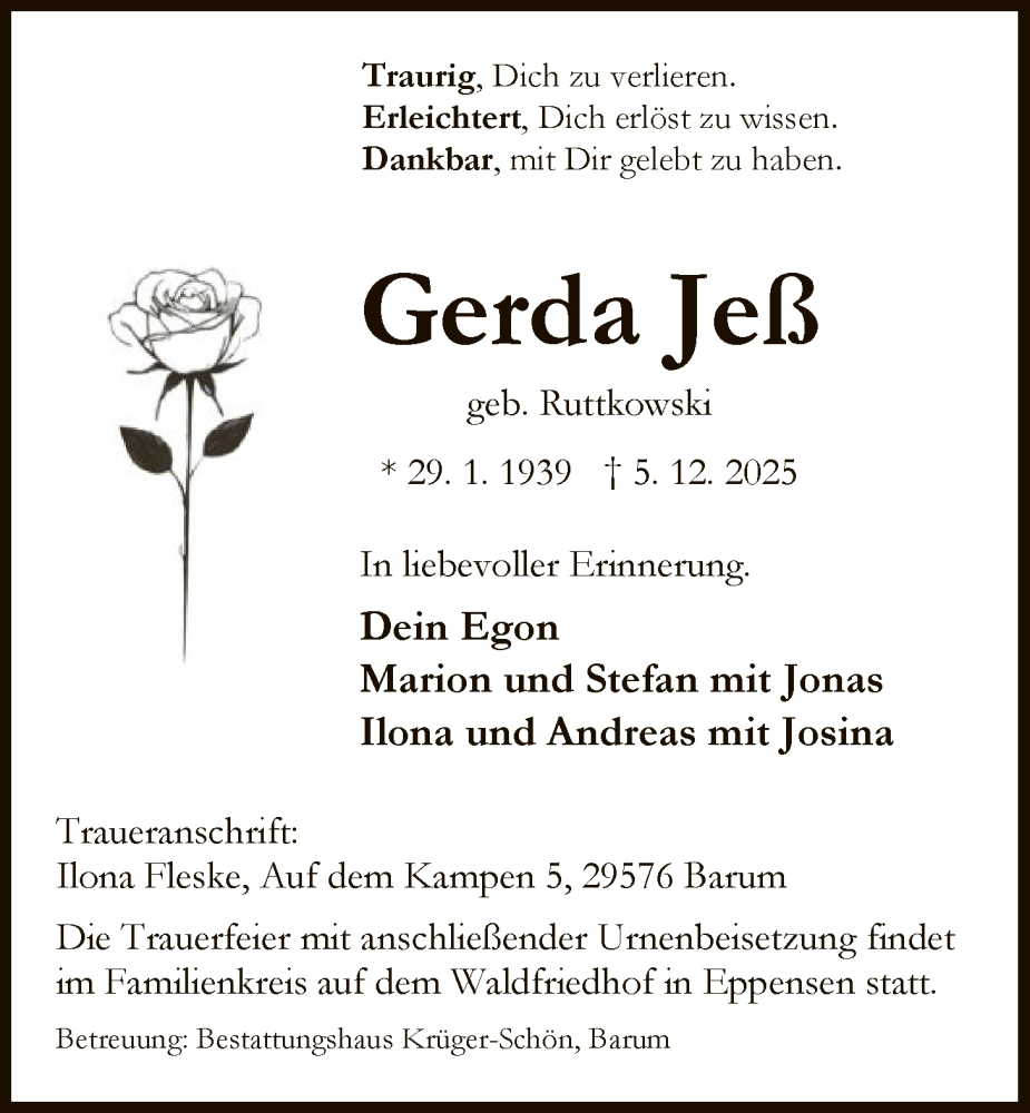  Traueranzeige für Gerda Jeß vom 13.12.2025 aus AZ