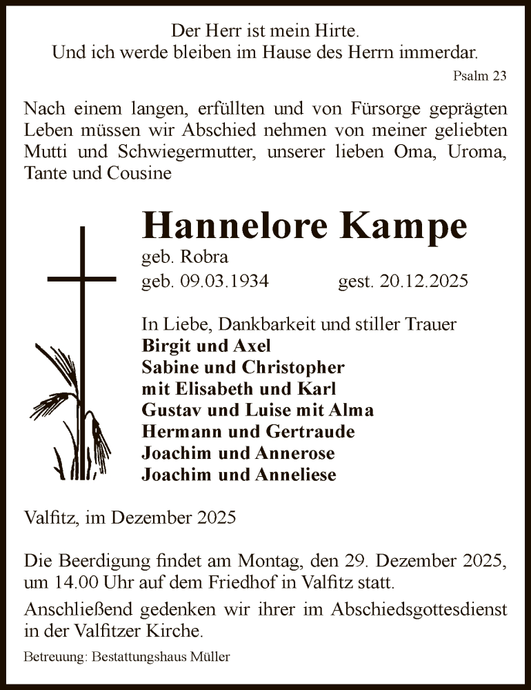  Traueranzeige für Hannelore Kampe vom 23.12.2025 aus AMZ