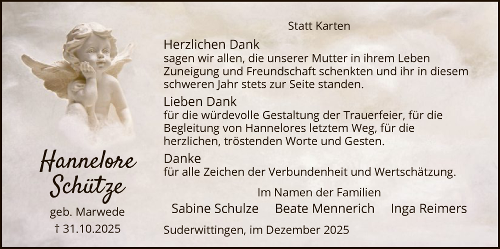  Traueranzeige für Hannelore Schulze vom 13.12.2025 aus IK