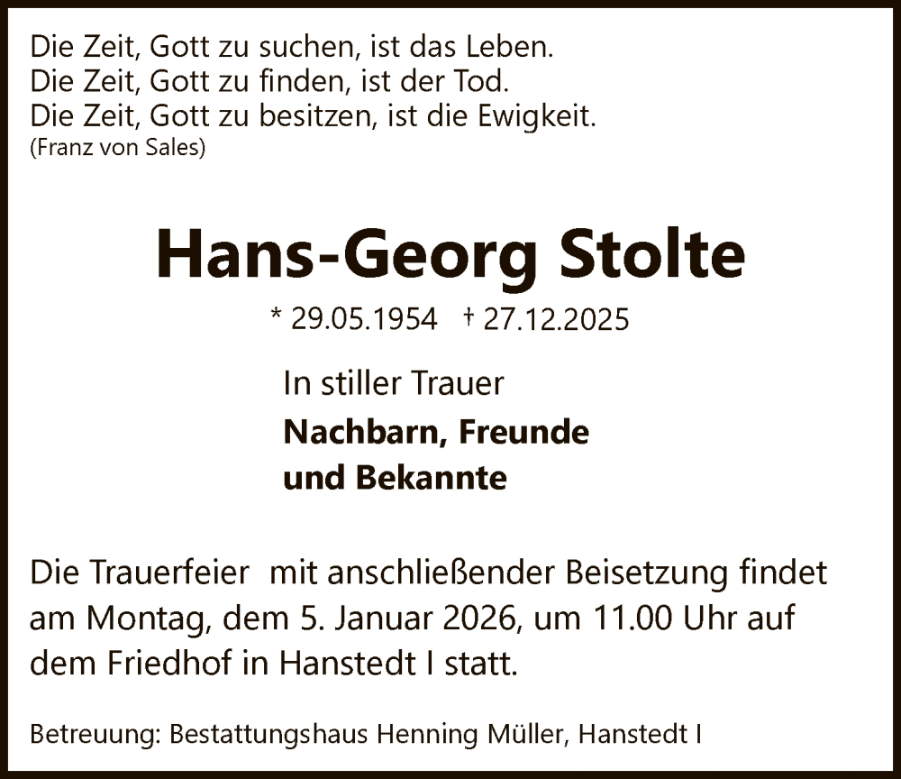  Traueranzeige für Hans-Georg Stolte vom 31.12.2025 aus AZ