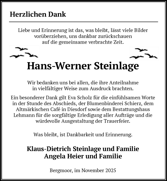 Traueranzeige von Hans-Werner Steinlage von AMZ