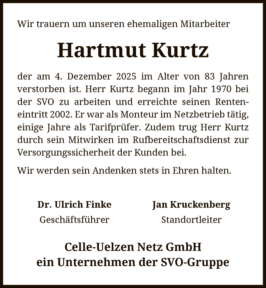  Traueranzeige für Hartmut Kurtz vom 20.12.2025 aus AZ