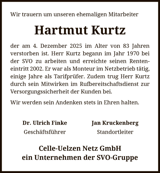 Traueranzeige von Hartmut Kurtz von AZ
