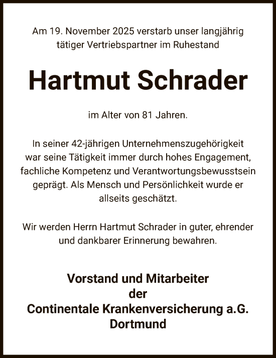 Traueranzeige von Hartmut Schrader von AZ