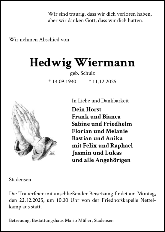 Traueranzeige von Hedwig Wiermann von AZ