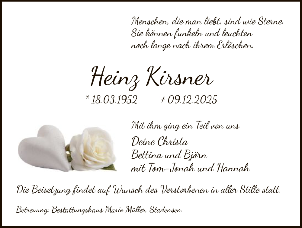  Traueranzeige für Heinz Kirsner vom 20.12.2025 aus AZ