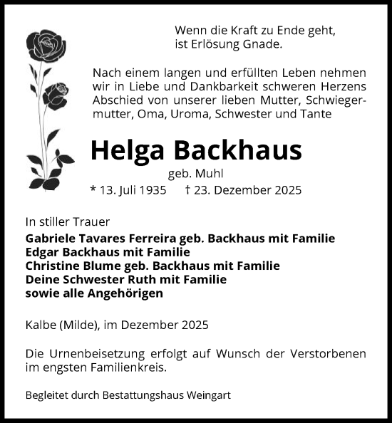 Traueranzeige von Helga Backhaus von AMZ